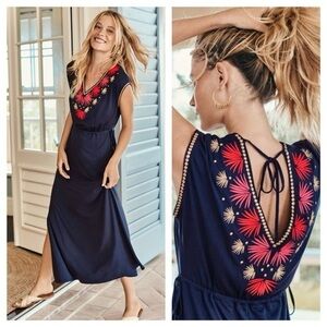 Boden Marcia Navy Maxi Dress with Red, Pink and Gold Detailing